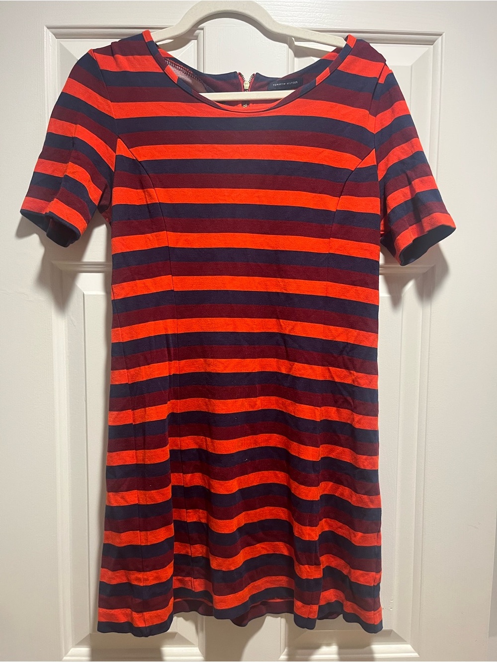 Tommy Hilfiger Striped Orange, Maroon, and Navy Short-Sleeve T-Shirt Mini Dress